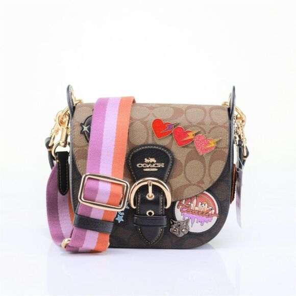 NWT Coach Disco Patch Saddle Shoulder bag Brown Signature